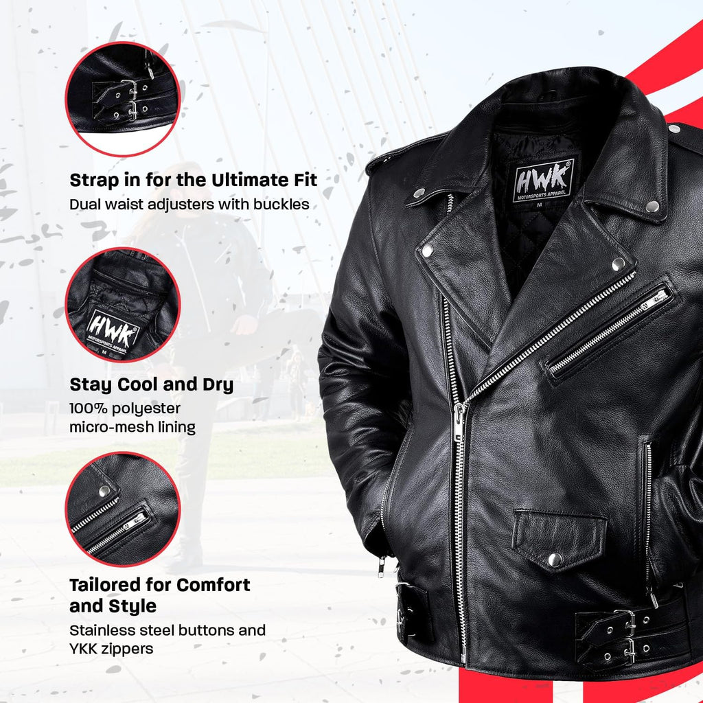 Brando Leather Motorcycle Jacket for Men, Genuine Black Leather Jacket with Removable CE Armor for Motorbike Riding