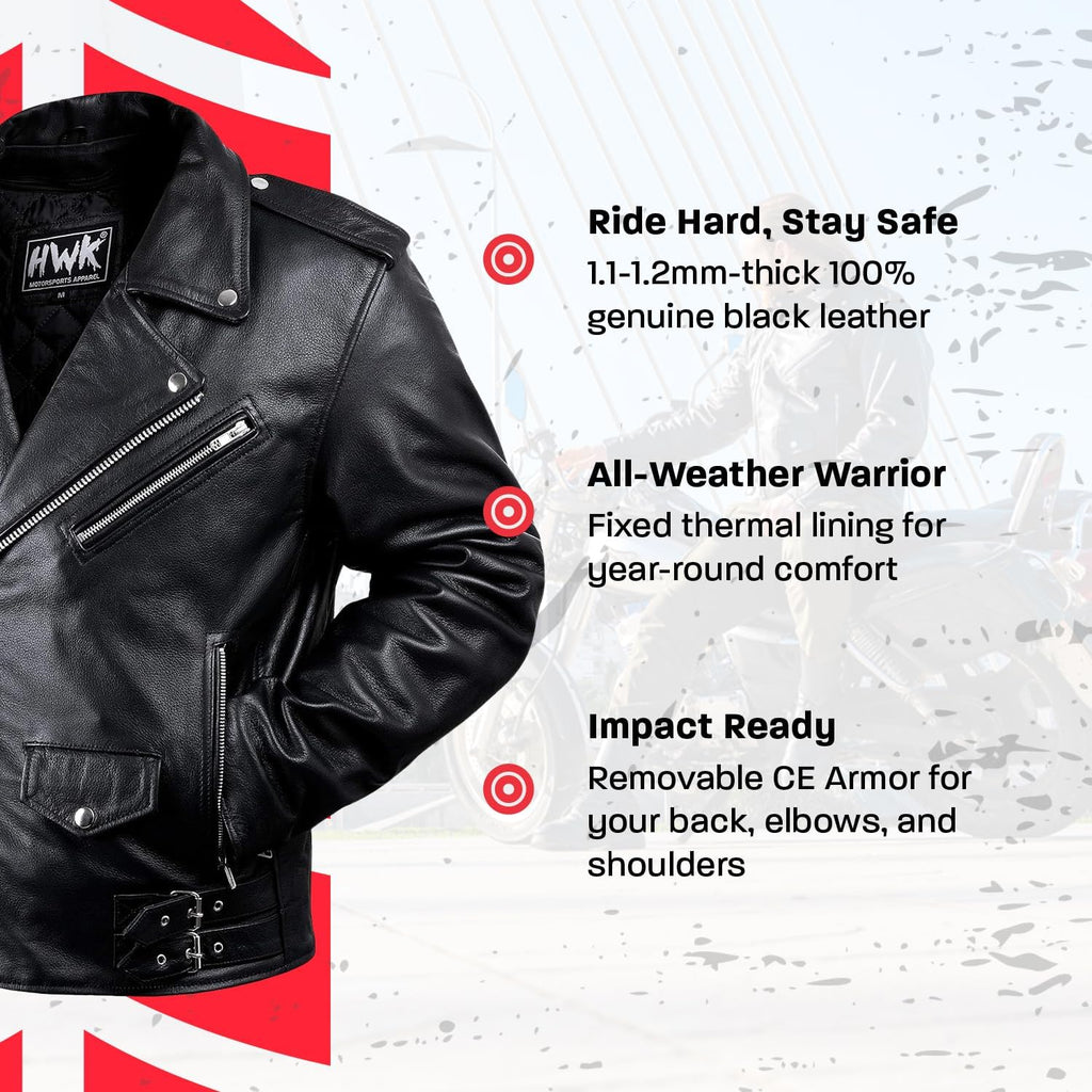Brando Leather Motorcycle Jacket for Men, Genuine Black Leather Jacket with Removable CE Armor for Motorbike Riding